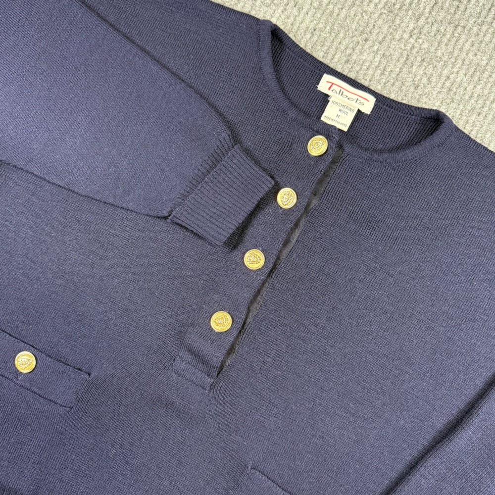 Vintage Talbots Sweater Womens M Navy 100% Merino Wool Gold Crest Buttons